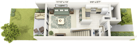 Floor plan for 1 bed, 1 bath, 684 sqft